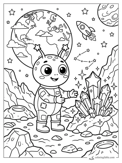 Cartoon star explorer on a rocky moon beside crystal stars, Earth, rocket, planets, and constellations.