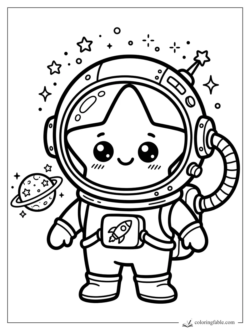 Kawaii star astronaut with helmet, rocket badge, hose, planet, and tiny stars