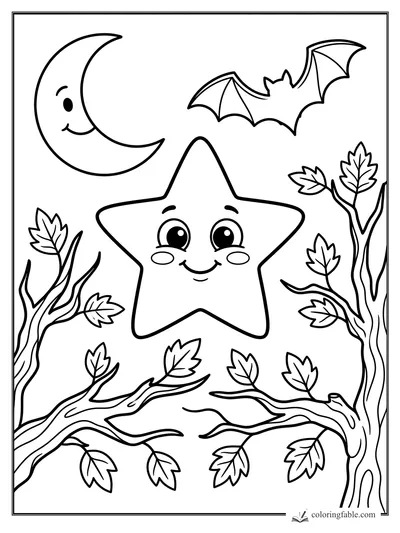 Cute smiling star between leafy branches with a crescent moon and bat overhead
