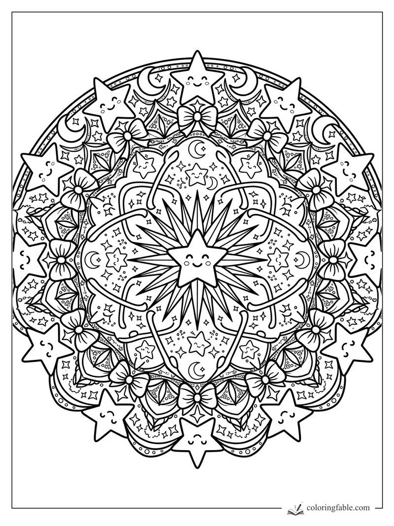 Intricate kawaii star mandala with smiling stars, crescent moons, bows, flowers, dots, and sparkle patterns.