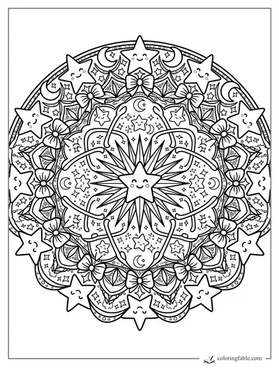 Intricate kawaii star mandala with smiling stars, crescent moons, bows, flowers, dots, and sparkle patterns.