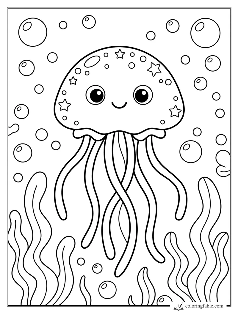 Kawaii jellyfish with star spots, long wavy tentacles, bubbles, and seaweed