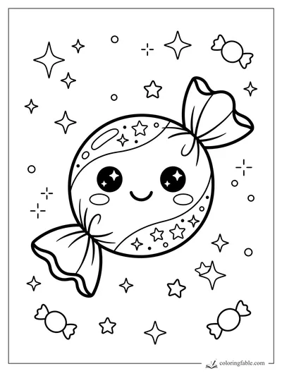 Kawaii wrapped candy with star sprinkles, shiny eyes, and tiny sweets around it