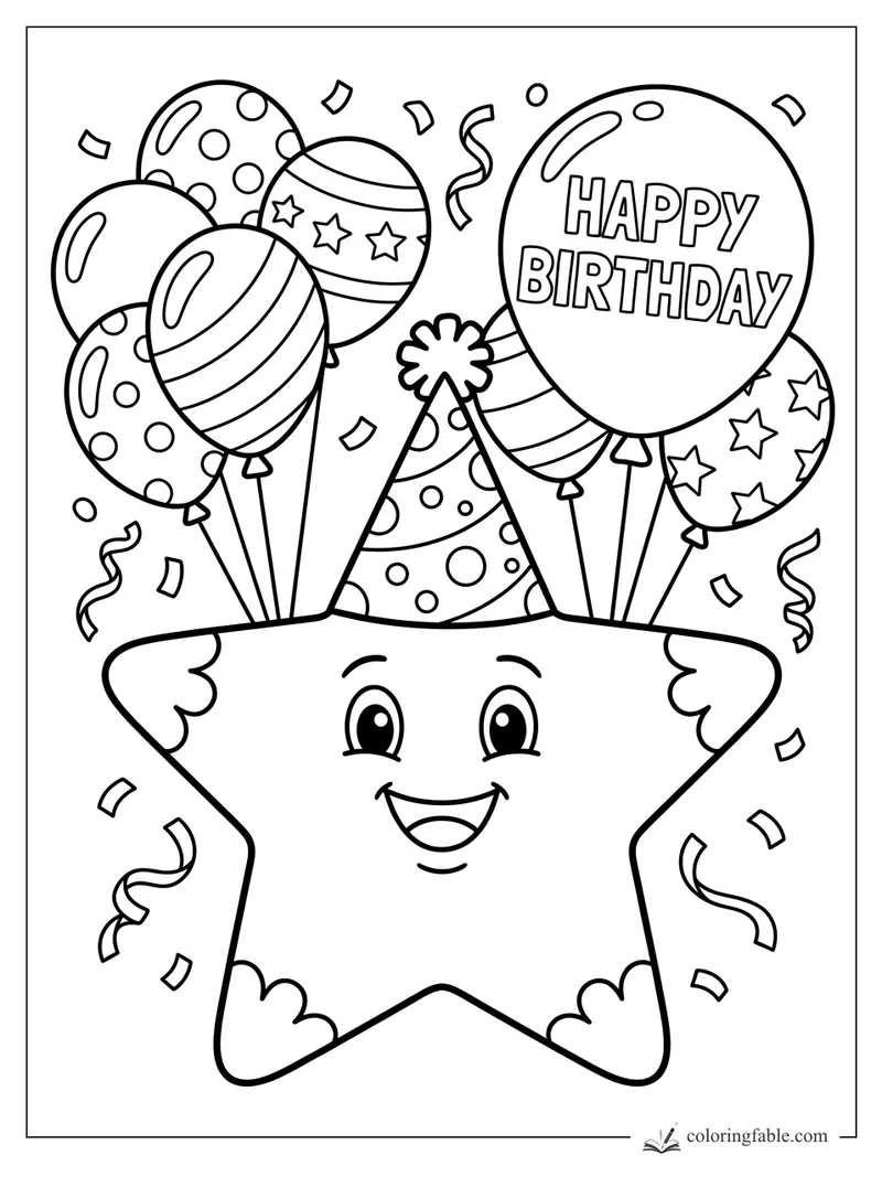 Cartoon smiling star wearing a party hat with birthday balloons, streamers, and confetti