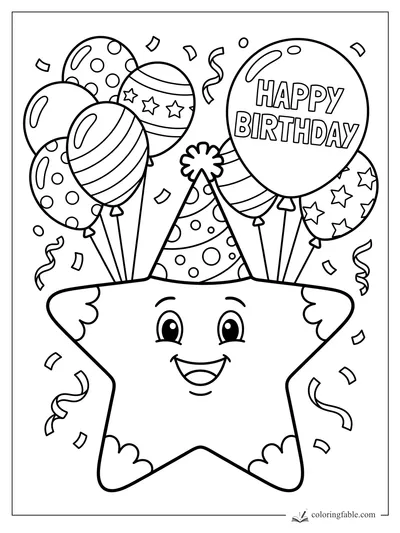 Cartoon smiling star wearing a party hat with birthday balloons, streamers, and confetti