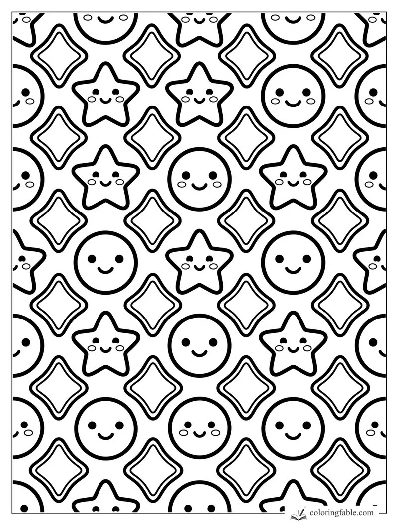 Kawaii geometric pattern with smiling stars, round faces, and outlined diamonds