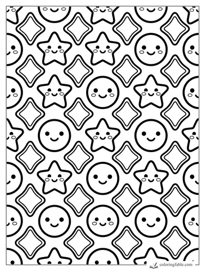 Kawaii geometric pattern with smiling stars, round faces, and outlined diamonds