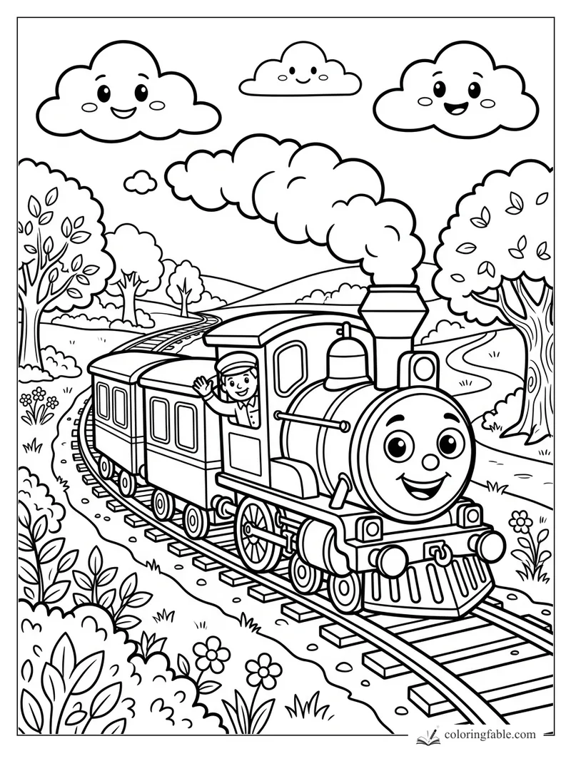 Cartoon steam train with a smiling face, waving engineer, smoke clouds, trees, flowers, and happy clouds.