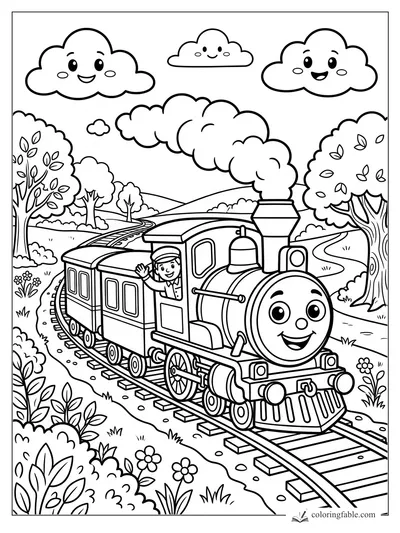 Cartoon steam train with a smiling face, waving engineer, smoke clouds, trees, flowers, and happy clouds.