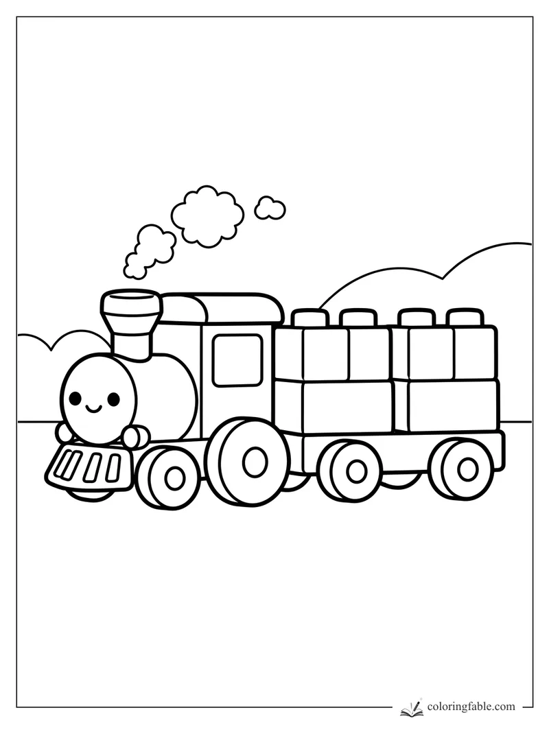 Kawaii steam train with a smiling face, puff clouds, round wheels, and blocky cars by rolling hills.