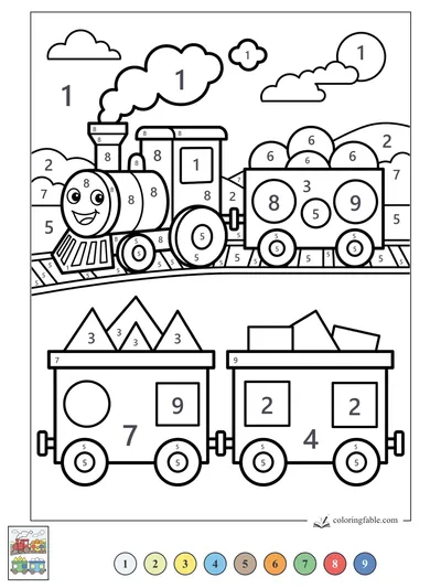 Smiling Steam Train With Three Cargo Cars — color by number