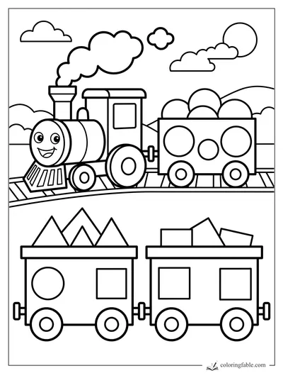 Easy coloring page of a smiling steam train pulling cargo cars with circles, blocks, and triangle loads.