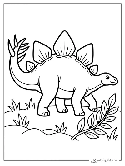 Easy stegosaurus coloring page with large back plates, spiky tail, grass, rocks, and leafy branch.