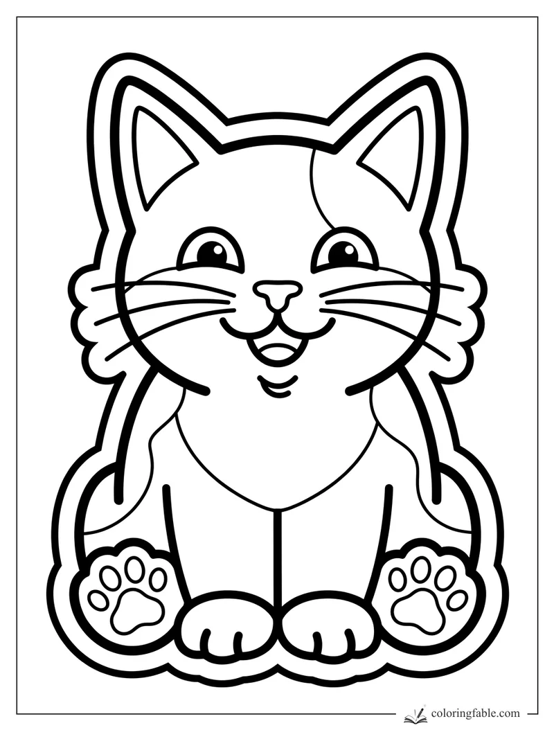 Easy sticker-style cat coloring page with big ears, whiskers, smiling face, and paw pads