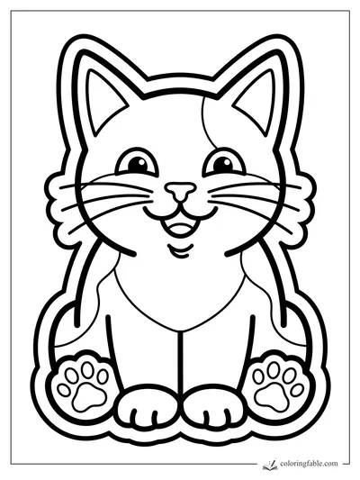 Easy sticker-style cat coloring page with big ears, whiskers, smiling face, and paw pads