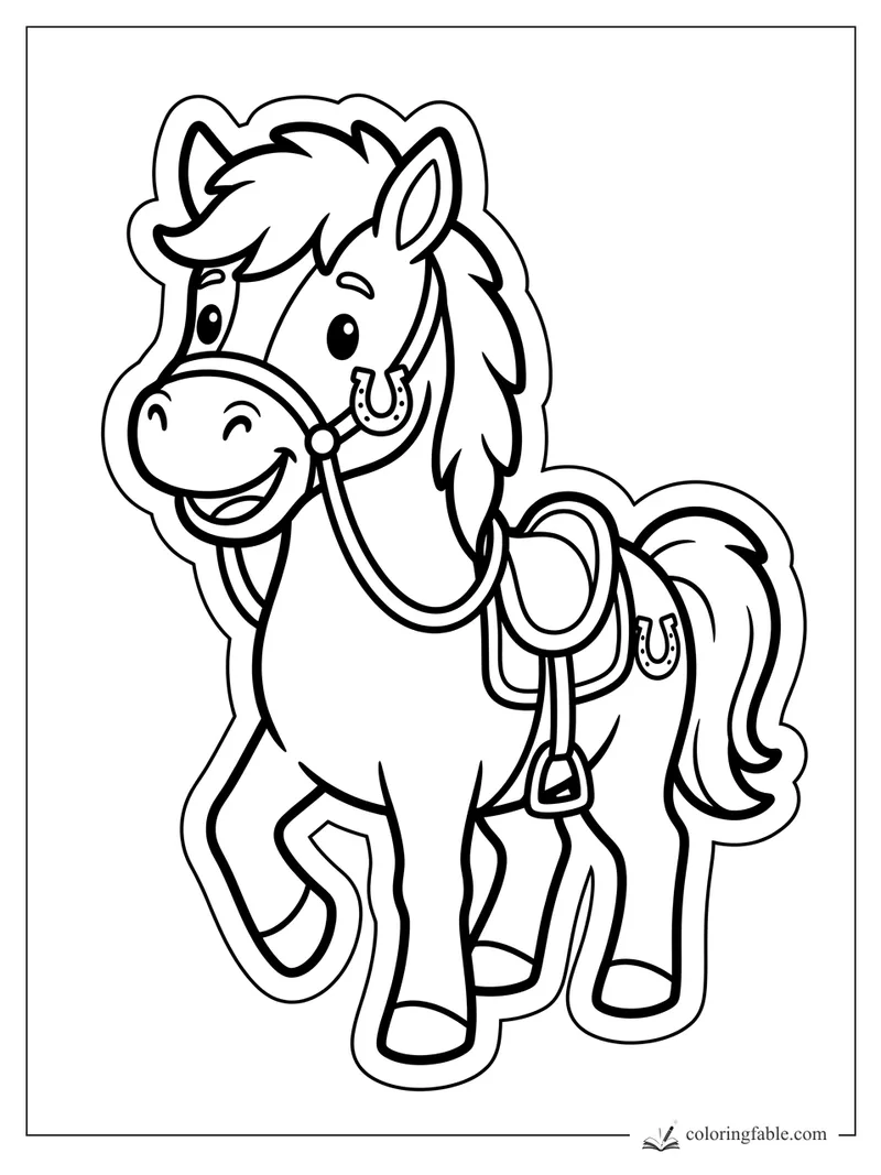 Smiling sticker-style horse with saddle, bridle, raised hoof, and horseshoe charms