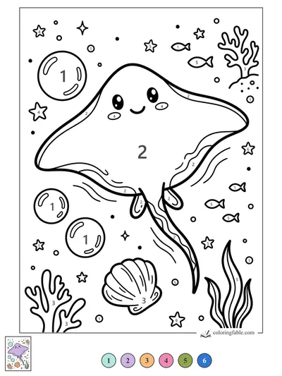 Smiling Stingray Gliding Past Bubbles and Shells — color by number