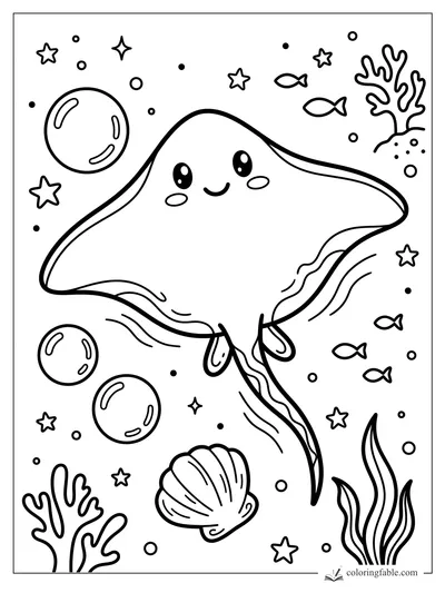 Kawaii stingray with bubbles, starfish, small fish, coral, seaweed, and a scallop shell underwater