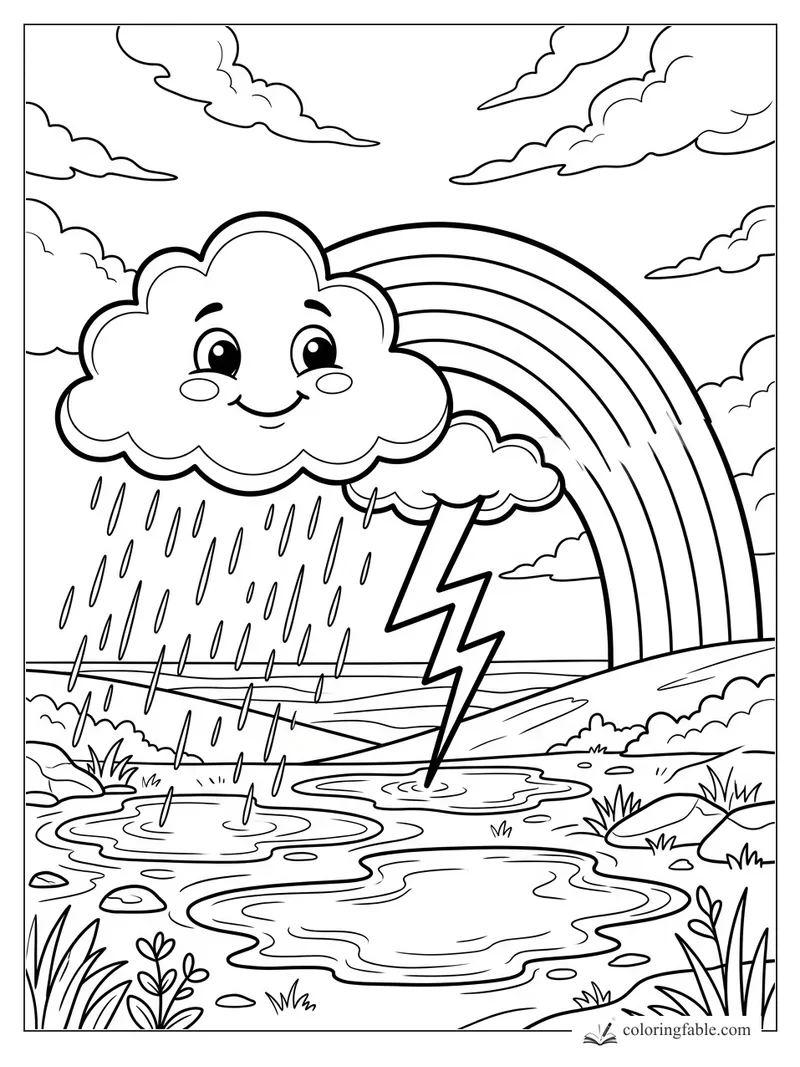 Cartoon smiling rain cloud, lightning bolt, puddles, and a rainbow over a rainy field