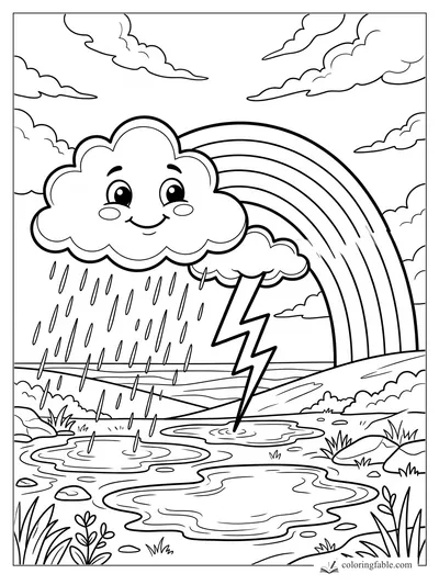 Cartoon smiling rain cloud, lightning bolt, puddles, and a rainbow over a rainy field