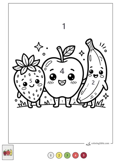Smiling Strawberry, Apple, and Banana Friends — color by number