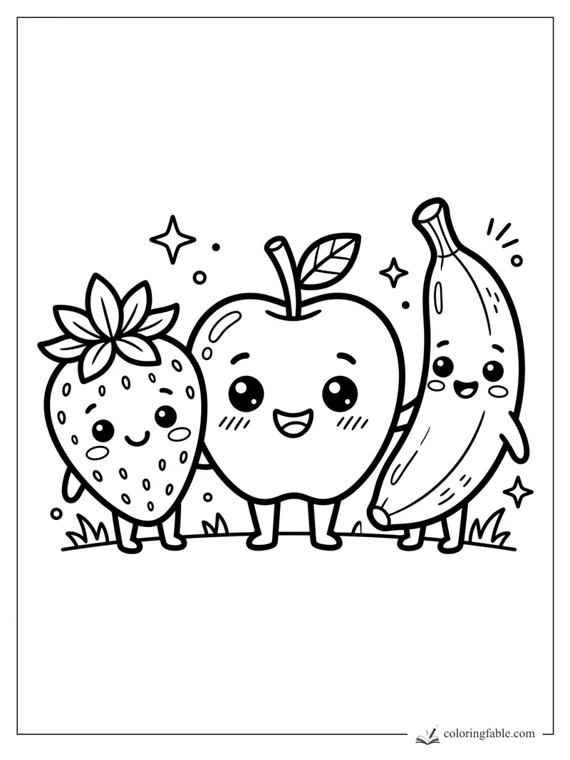Kawaii strawberry, apple, and banana standing together with sparkles and grass