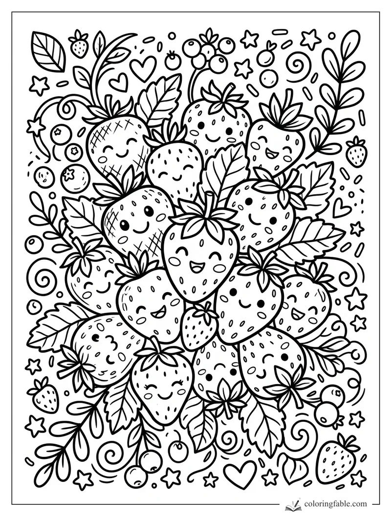 Doodle coloring page of smiling strawberries, leafy vines, hearts, stars, swirls, and tiny berries.