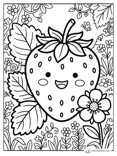 Kawaii strawberry with a happy face, leafy top, seeds, flowers, snail, and butterfly in a garden coloring page