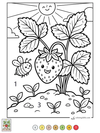 Smiling Strawberry Plant with a Bee — color by number
