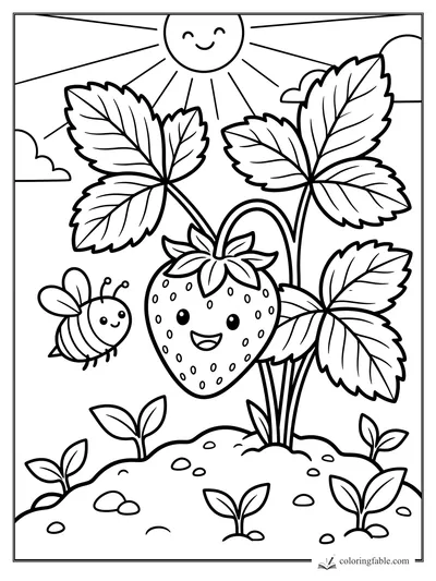 Cartoon smiling strawberry plant with big leaves, a happy bee, sprouts, pebbles, clouds, and sun rays.