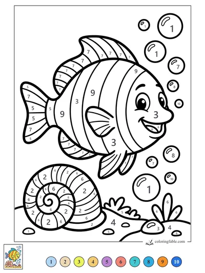 Smiling Striped Fish Above a Spiral Shell — color by number