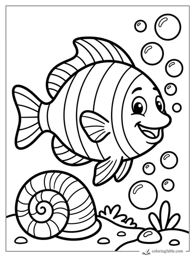 Smiling striped fish with big fins, bubbles, sea plants, pebbles, and a spiral shell coloring page