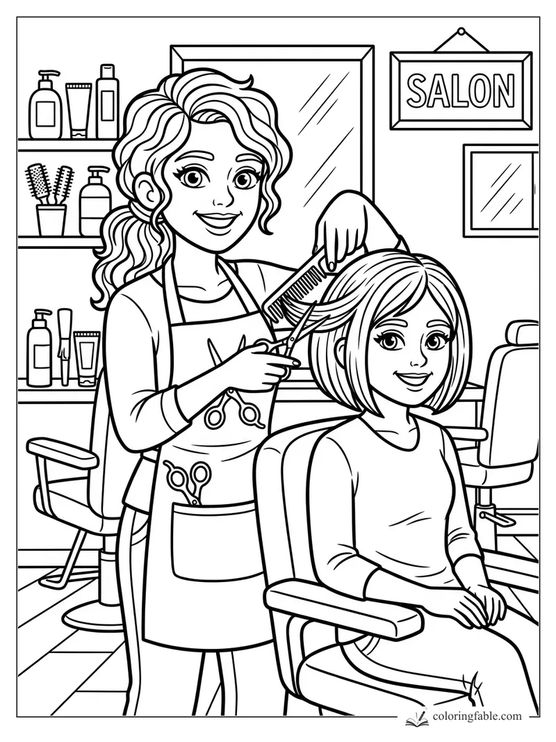 Hair stylist cutting a girl's bob with comb and scissors in a salon with shelves, mirrors, and a SALON sign