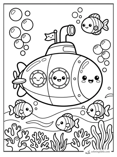 Kawaii submarine with smiling portholes, fish, bubbles, coral, propeller, periscope, and star flag underwater