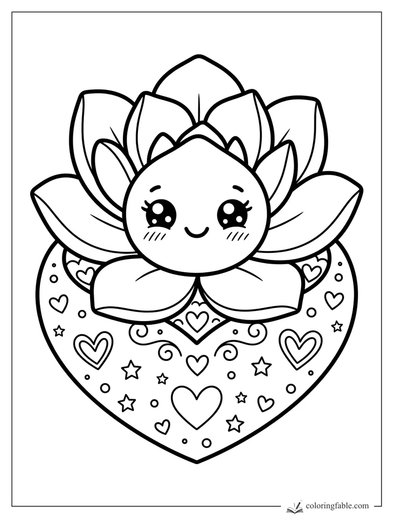 Kawaii succulent with a smiling face, layered leaves, and a heart base filled with stars and hearts.