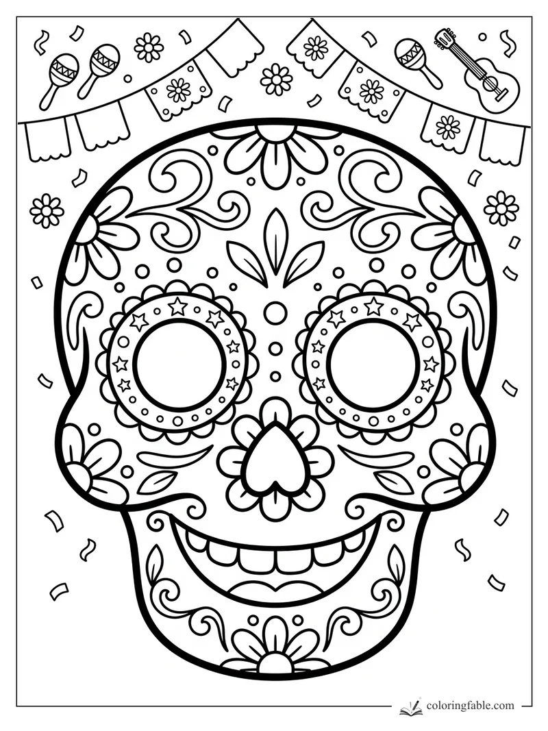 Bold sugar skull with flower eyes, star rings, maracas, guitar, papel picado banners, and confetti.