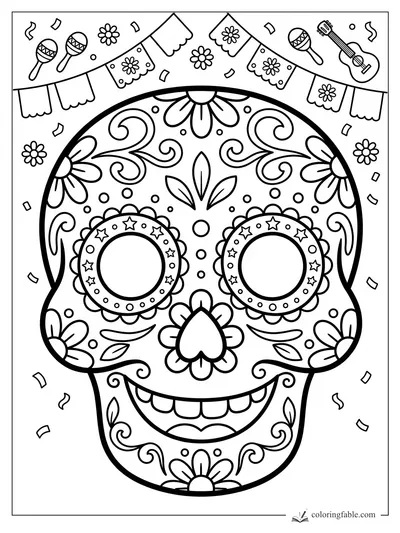Bold sugar skull with flower eyes, star rings, maracas, guitar, papel picado banners, and confetti.