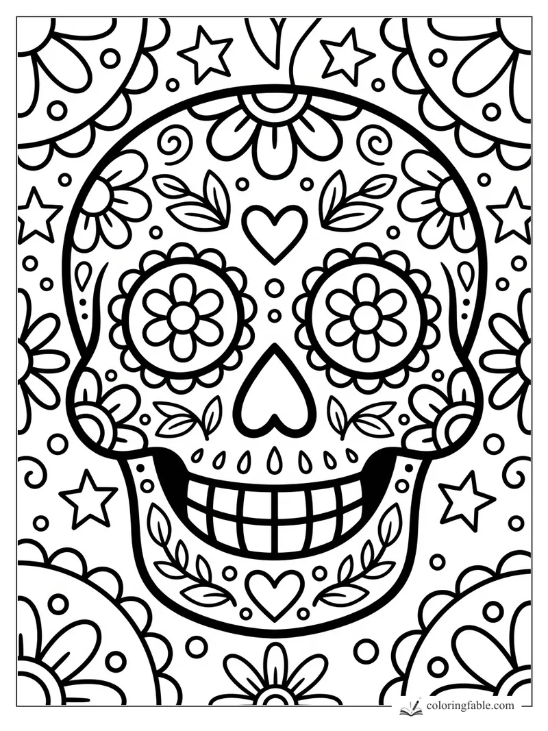 Easy sugar skull coloring page with flower eyes, heart nose, leafy vines, stars, dots, and big floral borders.