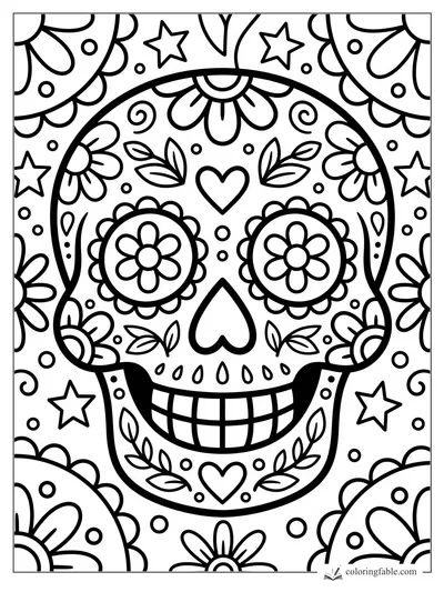 Easy sugar skull coloring page with flower eyes, heart nose, leafy vines, stars, dots, and big floral borders.
