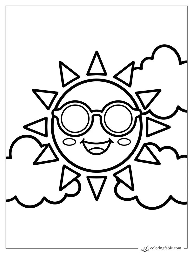 Easy coloring page of a smiling sun wearing round sunglasses between fluffy summer clouds.