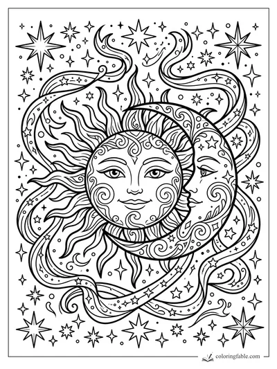 Aesthetic sun face with crescent moon, flowing ribbons, and many stars coloring page