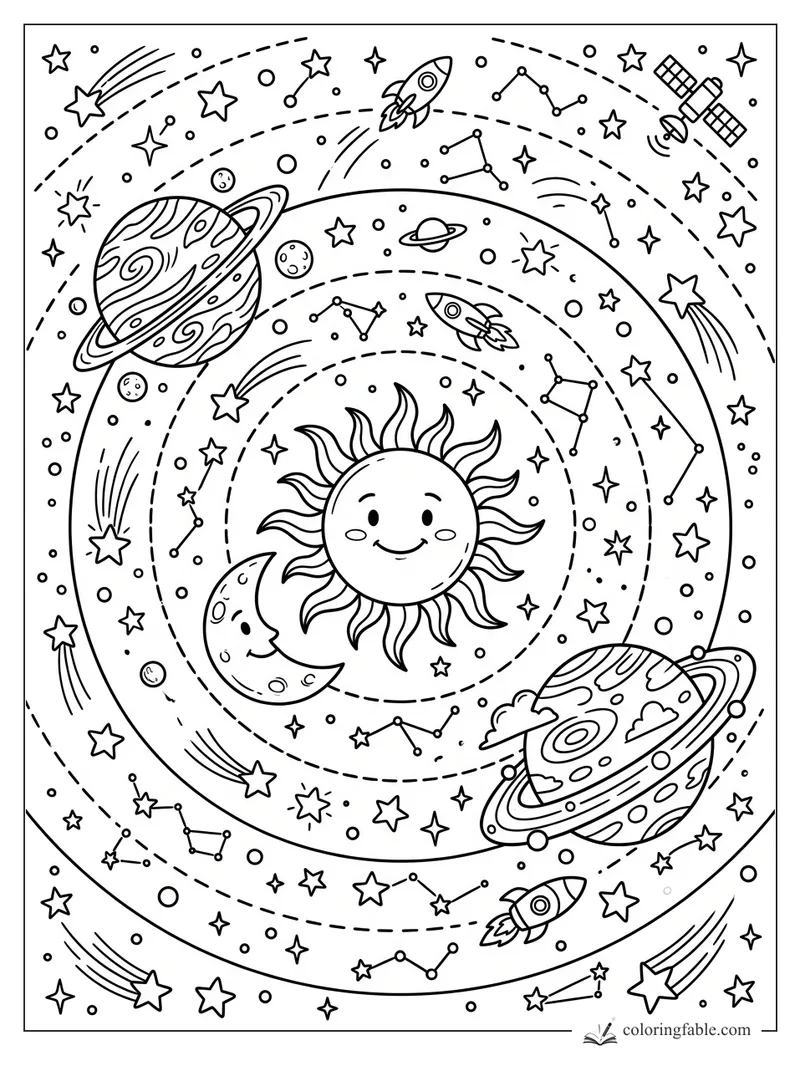 Cartoon sun and crescent moon surrounded by planets, rockets, constellations, satellites, and shooting stars