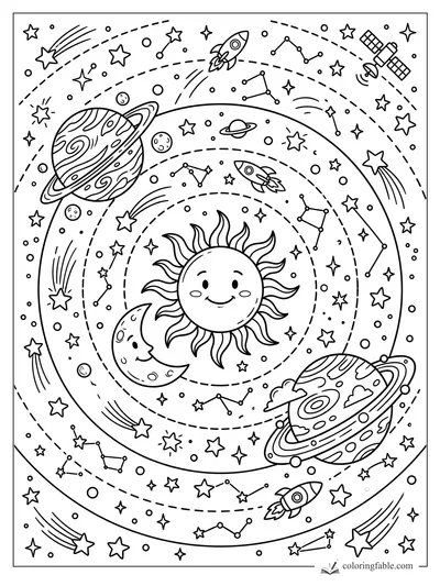 Cartoon sun and crescent moon surrounded by planets, rockets, constellations, satellites, and shooting stars