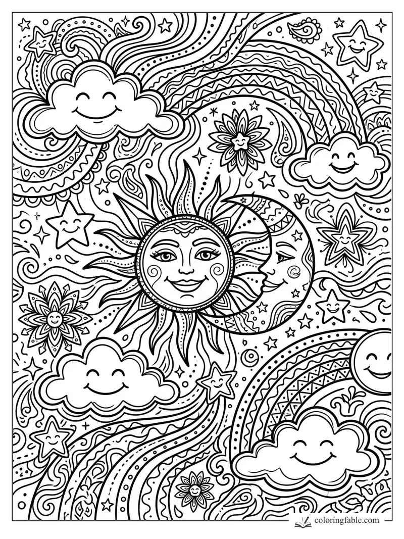 Boho groovy sun and crescent moon with smiling clouds, stars, rainbows, and flower suns