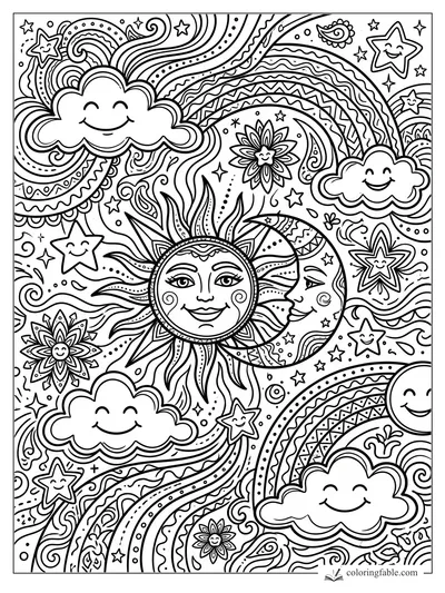Boho groovy sun and crescent moon with smiling clouds, stars, rainbows, and flower suns