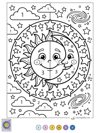 Smiling Sun and Moon in a Starry Circle — color by number