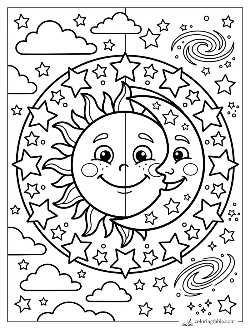 Cartoon sun and crescent moon smiling inside a ring of stars, clouds, and spiral galaxies.