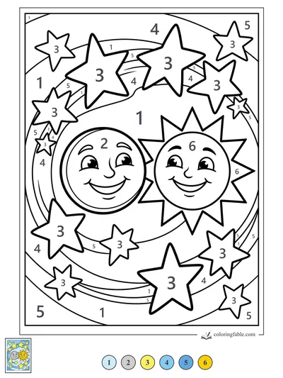 Smiling Sun and Moon in a Starry Swirl — color by number