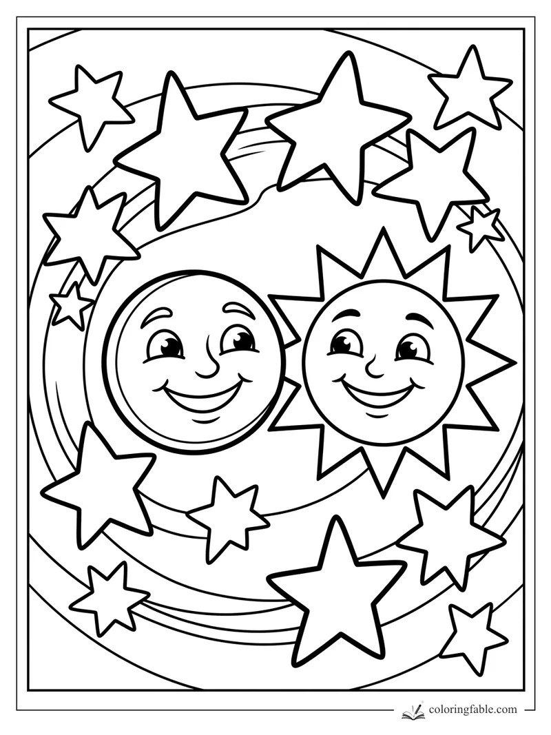 Easy coloring page of a smiling sun and crescent moon surrounded by bold stars and swirling sky bands.