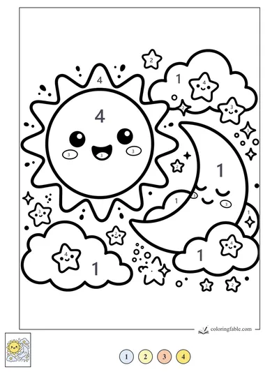 Smiling Sun and Sleepy Crescent Moon — color by number